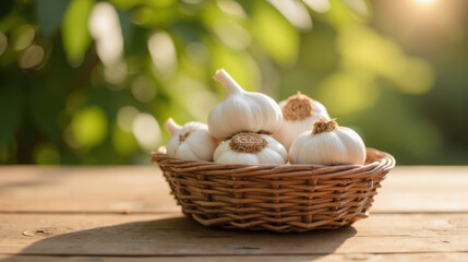 Fresh garlic bulbs in woven basket, showcasing their white skin and earthy texture, surrounded by natural green backdrop
