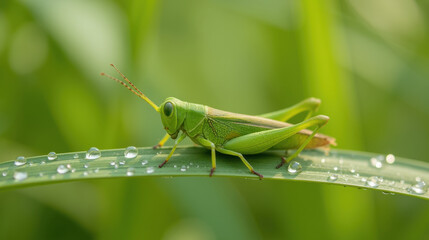 Vibrant green grasshopper perched on dewy blade of grass, showcasing nature beauty and intricate details