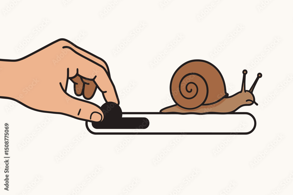 Poster slow internet connection concept vector illustration with snail crawling on cable held by human hand