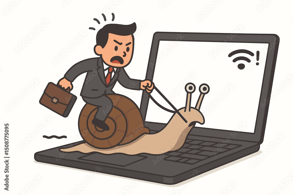Poster frustrated businessman on snail crawling over laptop with poor wifi signal - slow internet connectio