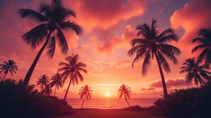 Stunning sunset over ocean, featuring palm trees silhouetted against vibrant pink and orange skies. scene evokes sense of tranquility and beauty