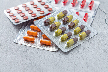 Variety of medicines and drugs.Medicine and healthcare concept.Variety of medicines and...