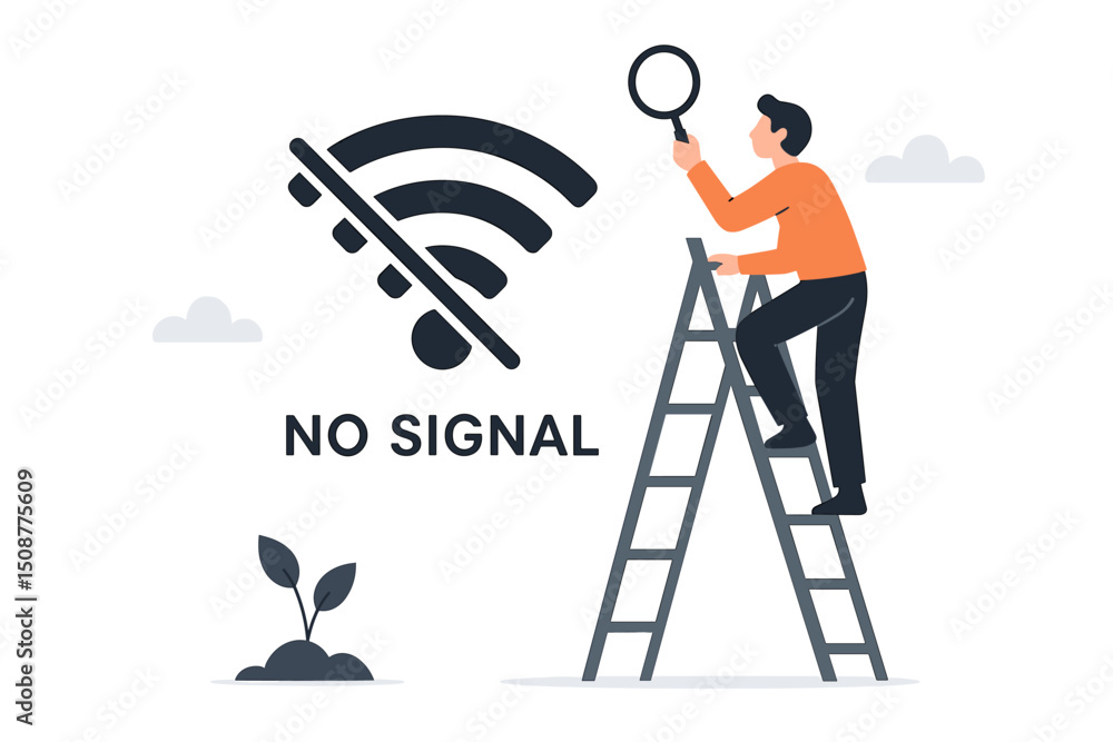 Poster person with magnifying glass climbing ladder searching for wifi signal - poor internet connection ne