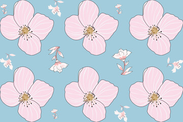 This fabric design features soft pink flowers with delicate petals on a light blue background, creating a fresh, springtime feel.