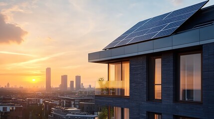 Solar panel installation on modern home rooftop with city skyline at sunset for clean energy future