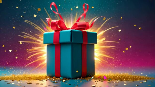 Colorful gift box with red ribbon bursting with confetti and glowing light on glittery festive background