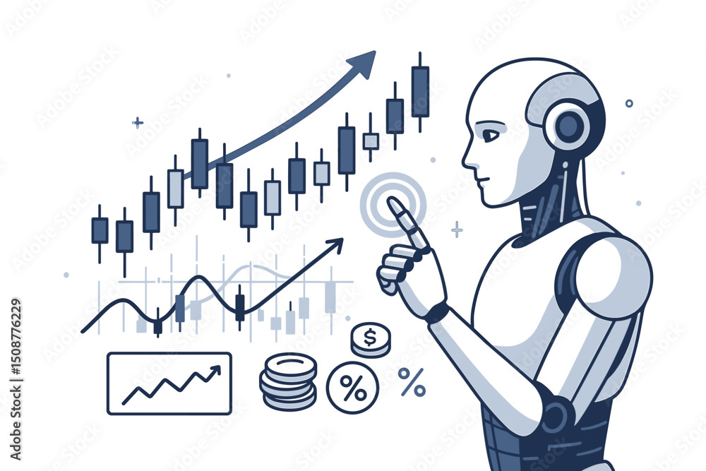 Poster ai robot analyst examining financial stock market data charts with magnifying glass - artificial int