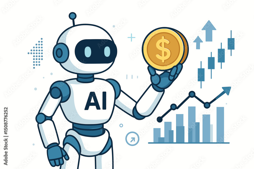 Poster ai robot holding dollar coin with financial growth charts and trading analytics vector illustration 