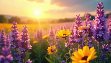 Fototapeta premium Intertwined blossoms radiate warmth; sun-drenched lavender, daisy, sunflower fields , floral, blossom
