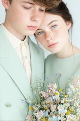 Eco-friendly wedding ideas in natural style A couple posing together with a delicate floral bouquet.
