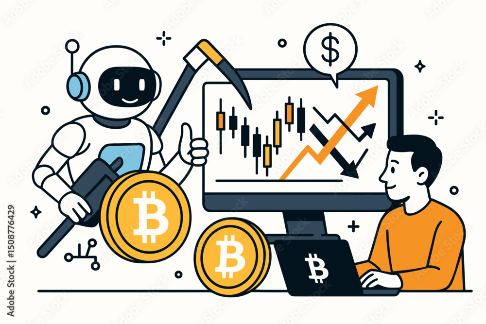 Poster ai-powered cryptocurrency trading and bitcoin mining concept with robot trader, financial charts sho