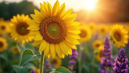 Fototapeta premium Golden hour light bathes a field of sunflowers, daisies, and lavender Soft focus, textured beauty , pastel, flora