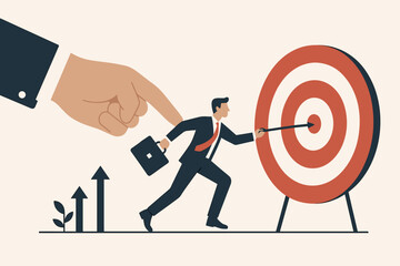 Mentor hand pointing businessman toward bullseye target success with arrow hitting goal business guidance leadership achievement direction concept vector illustration