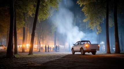 A serene nighttime scene featuring a pickup truck parked amidst a foggy atmosphere, surrounded by soft lights and silhouettes of people in a wooded area, perfect for storytelling.