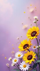 Swirling pastel lavender, golden sunflowers, white daisies, summer scene , macro, botanical