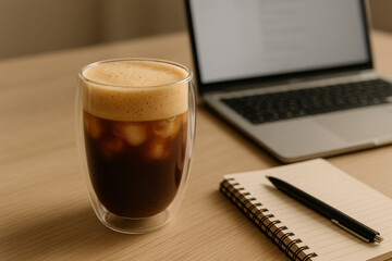 A foamy iced coffee in a double-wall glass sits beside a laptop and notebook, ready to fuel productivity in a cozy workspace.