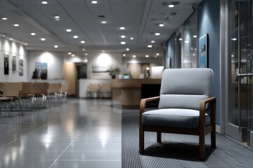 A well-designed waiting area featuring a single stylish chair, conveying a sense of calm and professionalism in a bright, modern building.