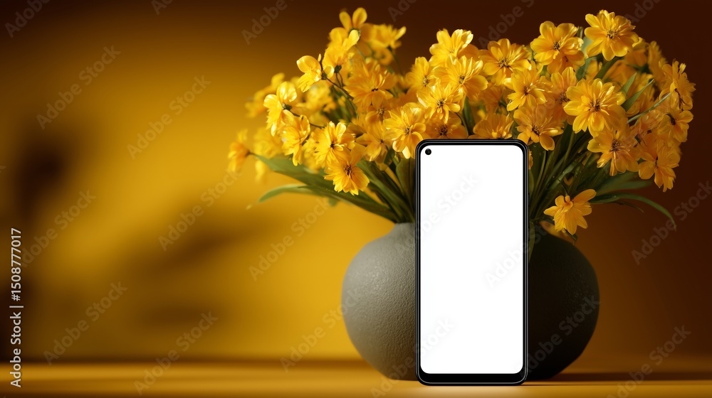Poster modern smartphone in front of a vibrant vase filled with yellow flowers creating a cheerful spring a