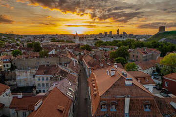 Aerial summer beautiful evening sunset view in sunny Vilnius old town