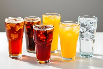 Refreshing Assortment of Drinks: A vibrant assortment of beverages, from sparkling soft drinks to invigorating juice and clean water, are displayed in various glasses.