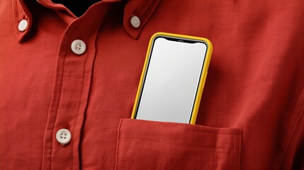 Mockup of a yellow phone with white screen tucked into a red shirt pocket showcasing modern tech lifestyle