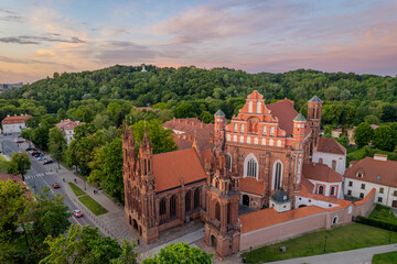 Aerial summer beautiful evening sunset view in sunny Vilnius old town, St. Anne's Church