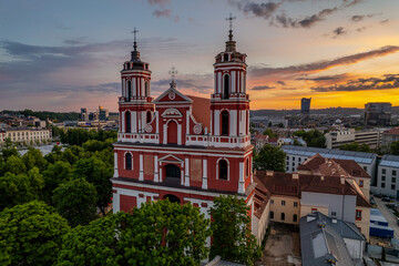 Aerial summer beautiful evening sunset view in sunny Vilnius old town, Dominican Church of Apostles St. Philip and St. Jacob