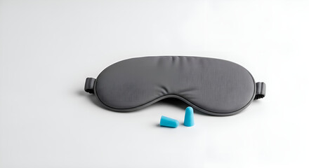 A grey sleep mask and earplugs on a white, minimal surface