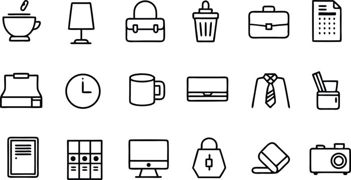 Stylish Office Icons Set:  Desk Supplies, Branding Elements, and Business Graphics