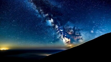 Time-lapse of stars moving across a clear night sky with visible Milky Way and glowing constellations. Star trails drift slowly across the frame in cinematic astrophotography style.  - Powered by Adobe