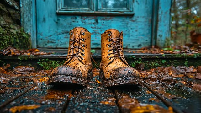 A pair of muddy hiking boots resting on a wooden porch surrounded by autumn leaves