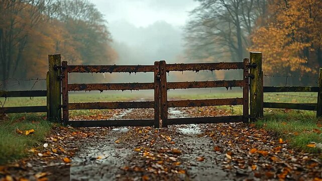 A rustic wooden gate stands closed on a muddy path surrounded by autumn foliage and mist