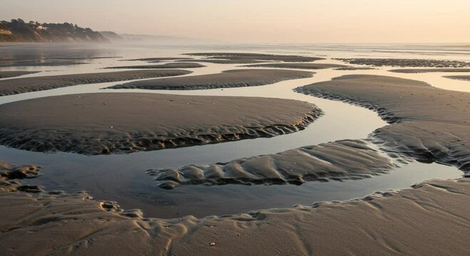 Tidal Sands: Captured at a serene beach, revealing intricate patterns etched into the sand by the retreating tide, this photo evokes a sense of tranquility and the artistry of nature. 