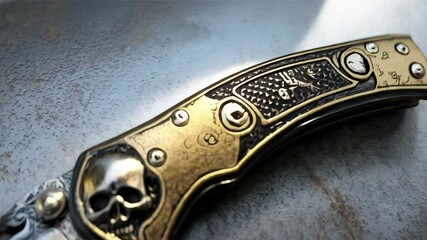 Ornate folding knife with skull motif on handle and engraved blade resting on metal surface close-up view, detailed, artistic, collectible