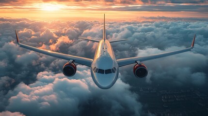 A passenger plane flies above the clouds at sunset.