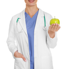 Nutritionist with green apple and stethoscope on white background, closeup
