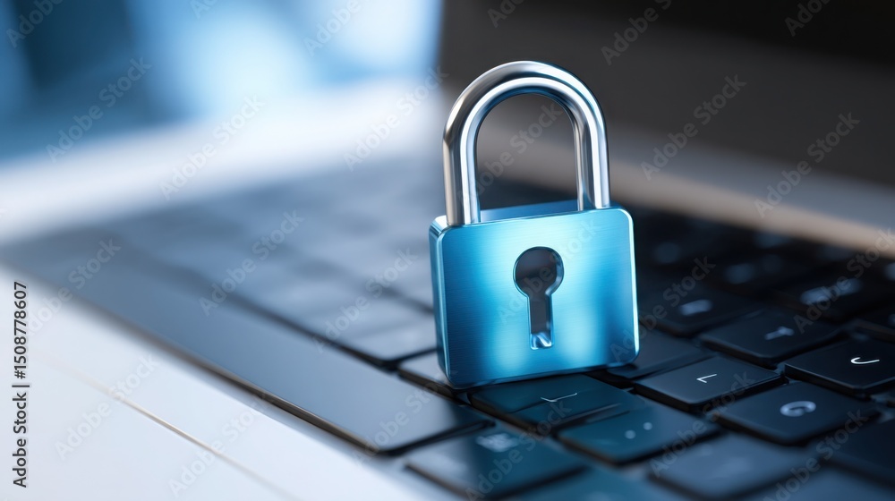 Poster close-up of digital lock icon floating over laptop screen, cybersecurity protection, data encryption