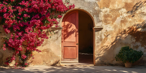 Bougainvillea Bloom Image, Open Door Photo, Mediterranean Scene Photo, Warm Colors Image, Rustic Wall Photo, Travel Photography
