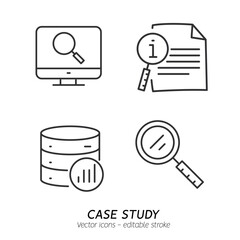Studying information and facts icon set. Collection of case study, searching business information, analyze of product features vector flat outline icons. Editable stroke