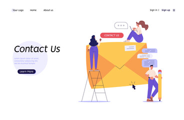 People using mobile phone and writing mail. Contact us banner. Concept of online support, customer support, email marketing. Vector illustration for UI, web banner, mobile app