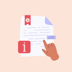 Reading user manual book. Users reading and writing guide instruction with information mark. Concept of customer guide, useful information, FAQ. Vector illustration for UI, web banner