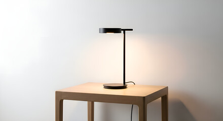 Bedside table with a black minimalist lamp on a clean white background