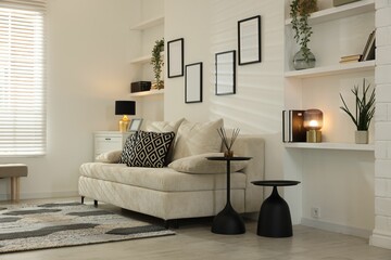 Comfortable sofa, black coffee tables and different decor indoors. Interior design