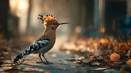 Common hoopoe (upupa epops) standing gracefully on a path adorned with autumn leaves, basking in soft morning sunlight while displaying its striking and colorful crest