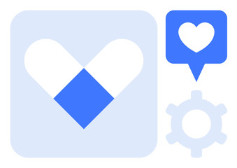 Heart-shaped pill symbolizing medicine, speech bubble with heart for compassion, gear for customization. Ideal for healthcare, medicine, wellness, pharmacy, innovation settings communication. Flat