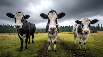 Three black and white cows standing on a green pasture, facing forward, under a cloudy sky, with trees and a small wooden structure in the background, creating a peaceful rural scene