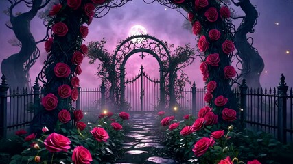 Fantasy garden pathway with gothic iron gate and glowing moon surrounded by red roses at twilight - Powered by Adobe