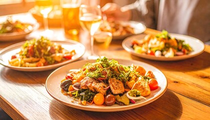 Cinematic close-up of gourmet dish with herbs and vegetables on rustic wood under soft window light