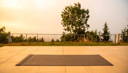 Wide-angle view of early morning yoga in serene mountain setting with warm mist and greenery