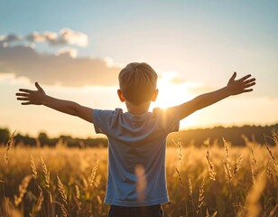 Boy in field, arms outstretched, sunset